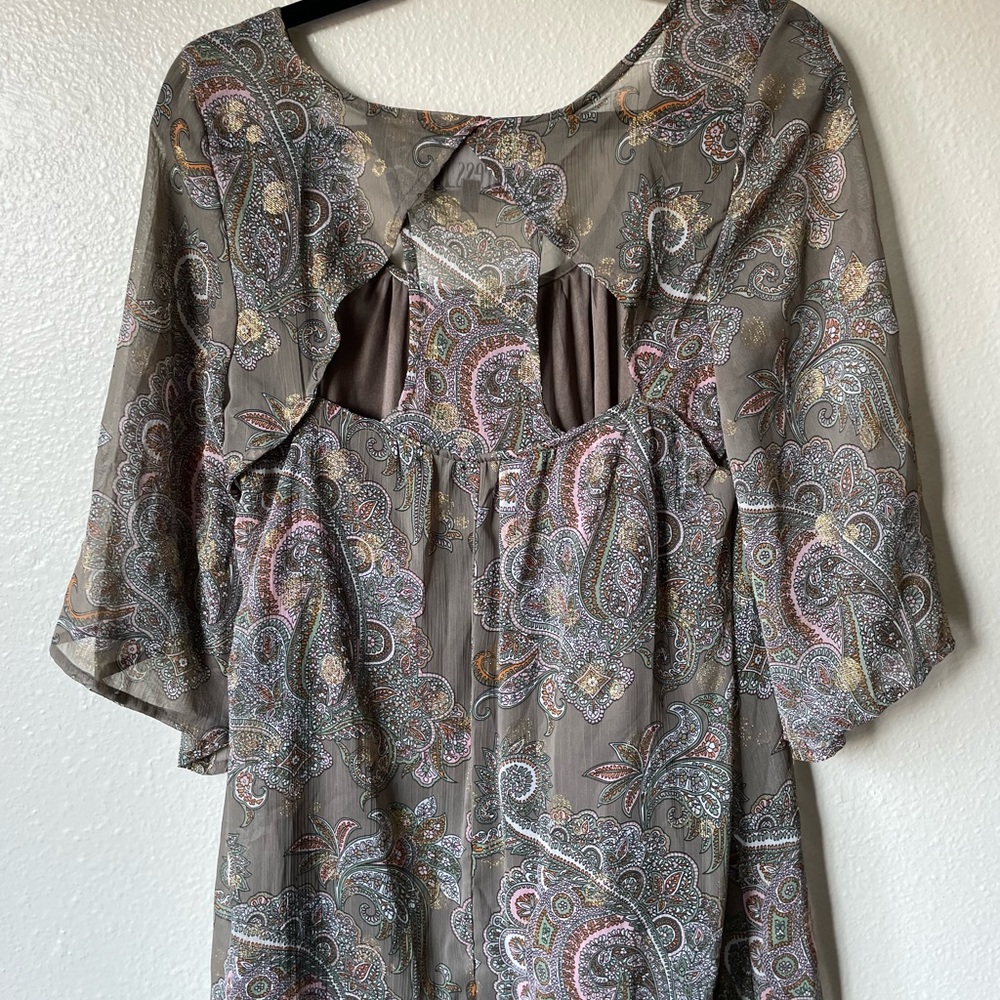 Cover photo is of the back~ Sheer Paisley and gold dress with slip liner.